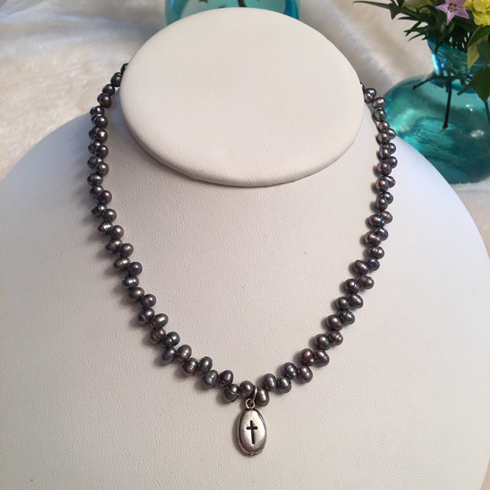 Vintage Cross Sterling Silver Charm Gray Pearl Strand Necklace